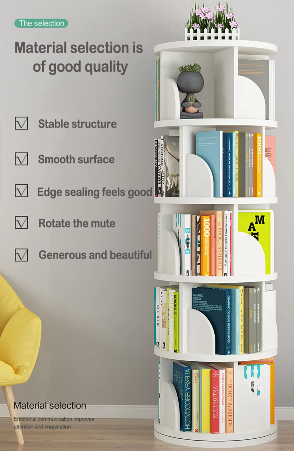 360 Degree Rotating Bookshelf Children Bookshelf Furniture Revolving Storage Holders Racks Bookcase for Kids 5set