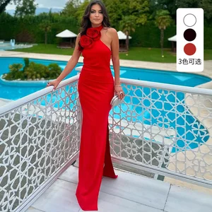 High Quality Summer Off-shoulder Maxi Dress Flower Design High Slit Women's Party Evening Gown 3 Colors Available