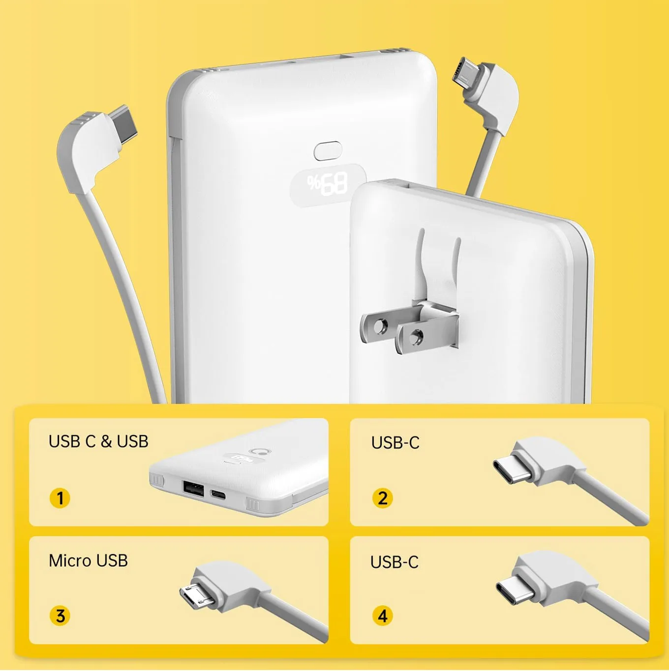 PD20W Power Bank 10000mAh Built-in 3 Cables & USB-A+C Ports, with AC Plug Portable Charger Digital Display Business Gift PB180P