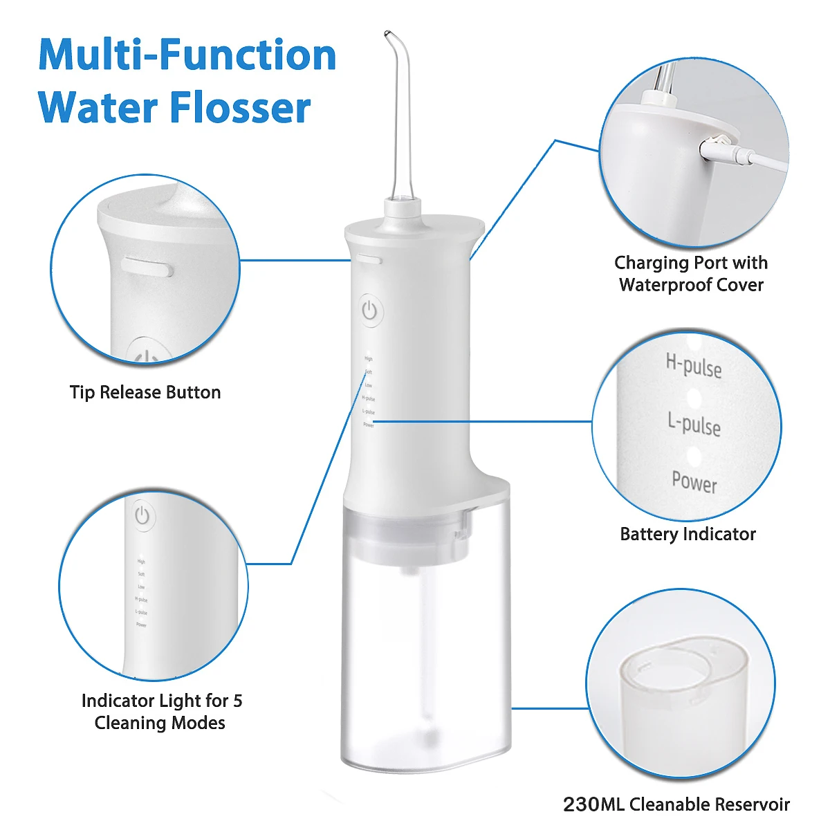 5 Modes Oral Irrigator Usb Rechargeable Water Flosser Cordless Dental 230ml Ipx7
