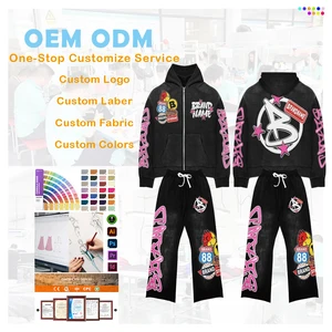 Streetwear French Terry Cotton Sun Faded Vintage Zip up Custom Embroidery Zipper Hoodies Jacket and Pants Boys Tracksuit Set