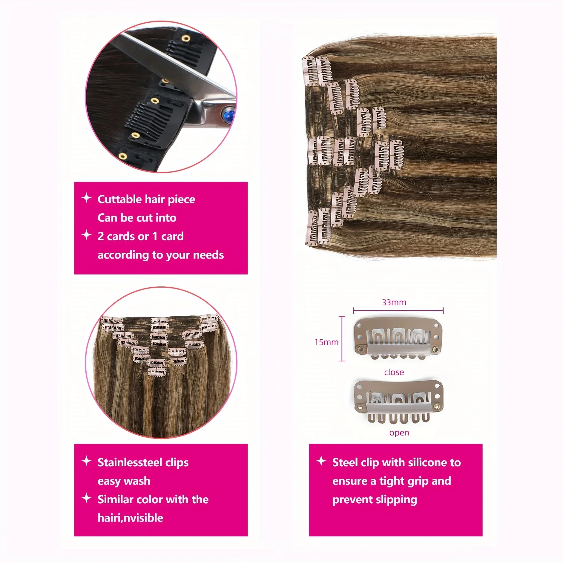 8-teiliges, doppelt glattes Remy-Haar, 100 % Echthaar, 18 Clips, Dunkelbraun, Schmutzig-Blond, Kopf verdickt, weich, glatt_voghion.com