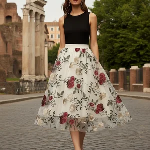 Floral Embroidery Knit Lady Women Retro Mid-Length Skirt Breathable Chiffon Lace Button Decorations Natural