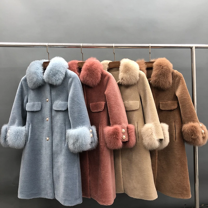 Casaco de pele de carneiro feminino, casaco longo elegante coreano