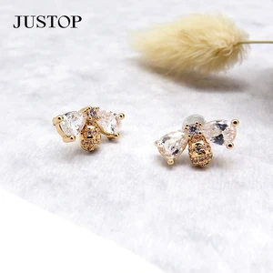 Luxury Anti-Allergy Brass Earrings Trendy Bee-Insect Design with Gold Plating Small Cute Stud Featuring Zircon Crystal Jewelry