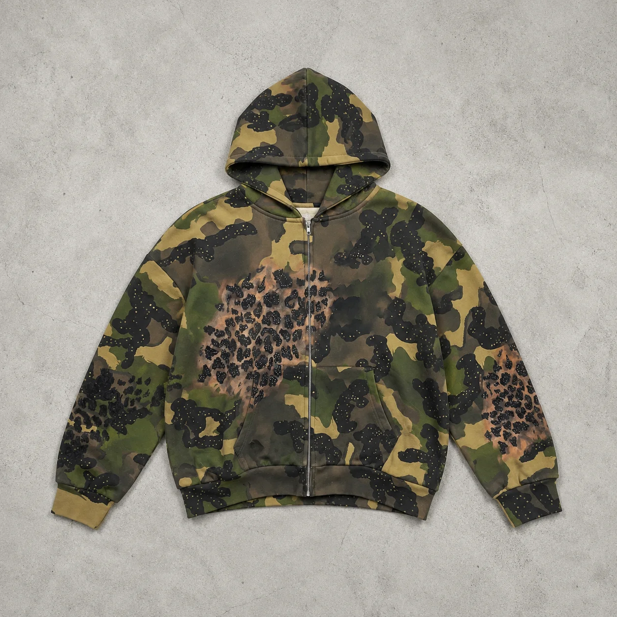Custom Camo Leopard Print Zip up Hoodie Oversized Heavyweight Cotton Streetwear Boxy Fit Vintage Wash Camouflage Hoodie Men