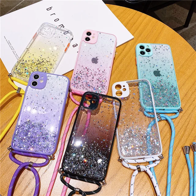 Creative Frosting Finish TPU Lanyard Case New Glue Gold Foil Glitter Starry Design Mobile Phone Case for for iPhone