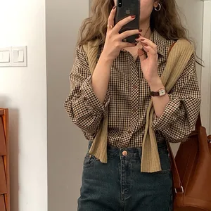 2026 Vintage Plaid Shirt Women Brown Oversized Long Sleeve