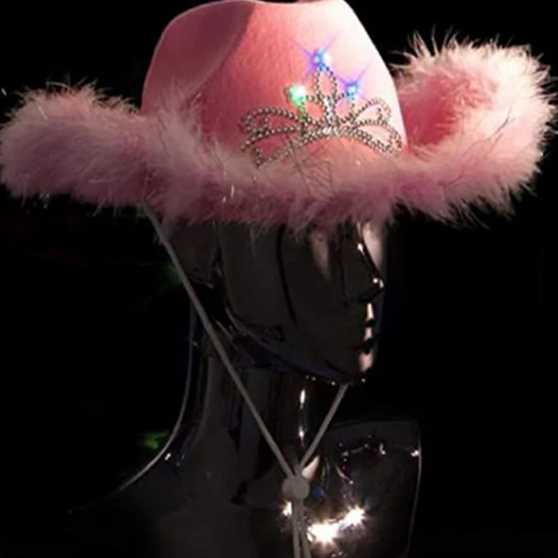 Flashing Lights Light Up Iridescent Pink Space Cowgirl Hat Light Up Cowboy Hat With Pink Led 0421