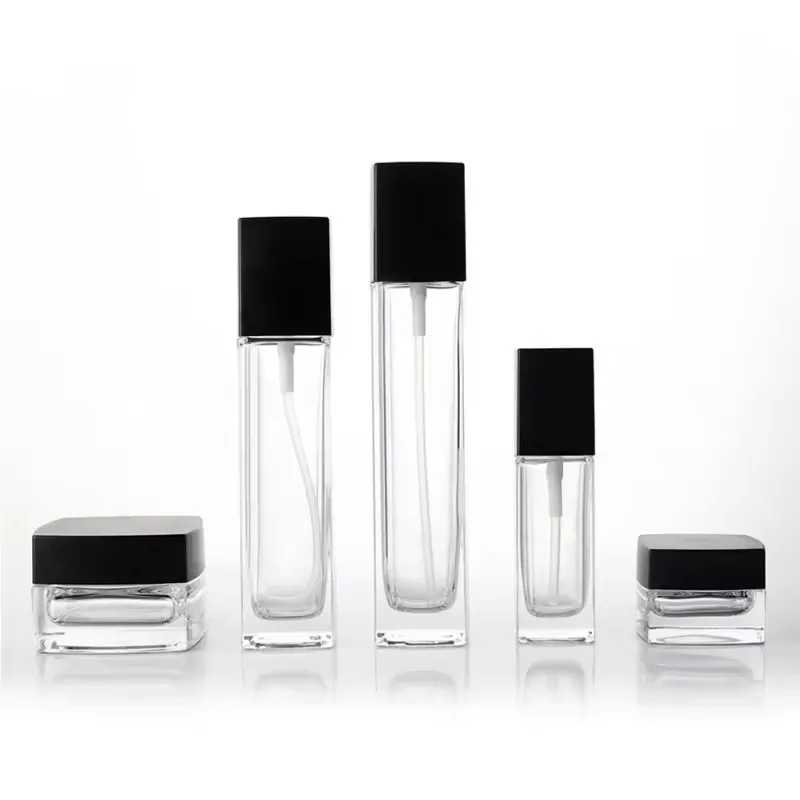 Square cosmetic glass bottle packaging cosmetic set lotion toner serum jar skincare packaging glass container