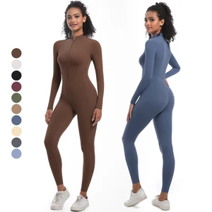 New European American Solid Color Sports Bodysuits Half-Zip Tight Yoga Jumpsuit High-Elastic Long Yoga Wear for Fitness Running