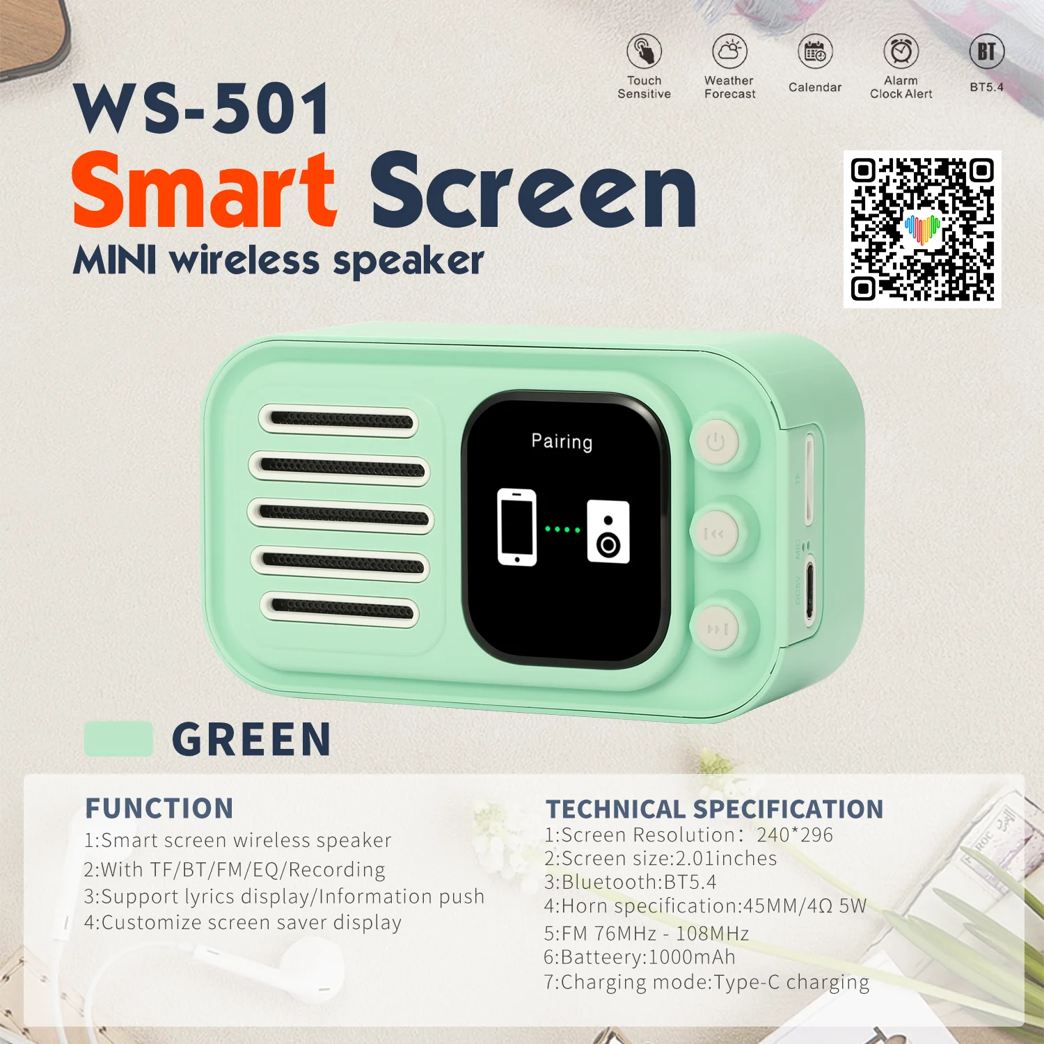 New Model Smart Screen Wireless Speaker WS501 Mini Portable Speaker Customize Screen Display