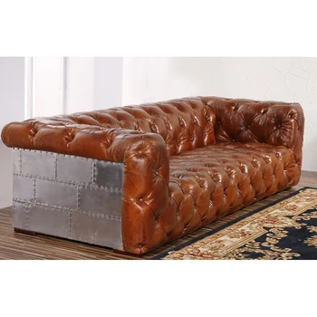 Antique Furniture Aviator Bar Industrial chesterfield Couch Living room Brown Genuine Leather vintage Sofa