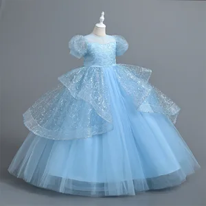 Luxury Girls' Long Formal Summer Dresses with Puffed Sleeves Lace Mesh Sequins Embroidery for Birthdays for Children