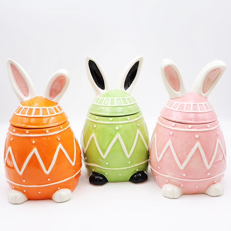 Ensemble de pots à bonbons personnalisés en céramique ou porcelaine, mignons et multicolores, représentant des lapins de Pâques, avec logo personnalisé, service direct d’usine, vente en gros pour la maison.