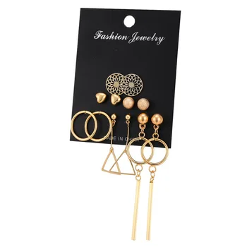 Fashion Geometric Gold Color 6 Prs/Set Stud Drop Earrings For Women Girls Metal Heart Round Triangle Earring Female Jewelry