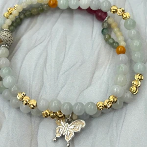 New Design Natural Jade Quartz Bracelet 925 Silver Butterfly Pendant Stretch Bracelet Women's Jewelry