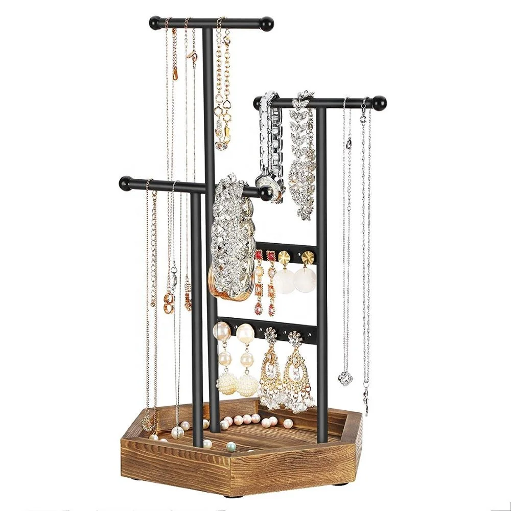 Jewelry Display Stand Holder, Metal and Wood Jewelry Tree, for Necklaces,  Bracelets, Earrings, Studs, Rings, Gift Idea, Black, image size:1000x1000