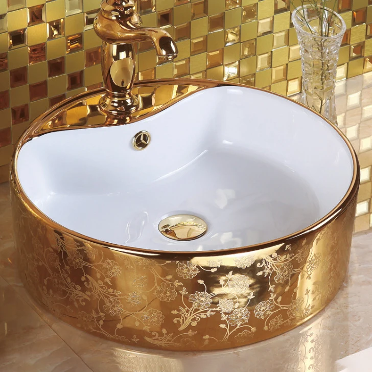 Luxurious Gold Bath Round Circular Arthritis Ceramic Basin Sinks