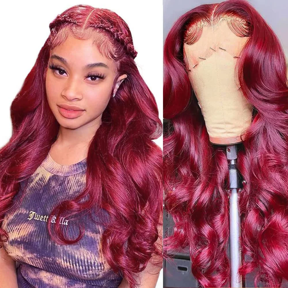 40 Inches Red Color Silky Straight Cuticle Aligned Human Hair Lace Frontal Wigs With Baby Hair