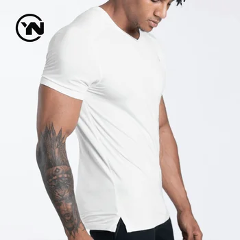 High Quality Man Designer V Neck Split Hem Plain White Bamboo Blank Sweat T Shirts For Men 2021