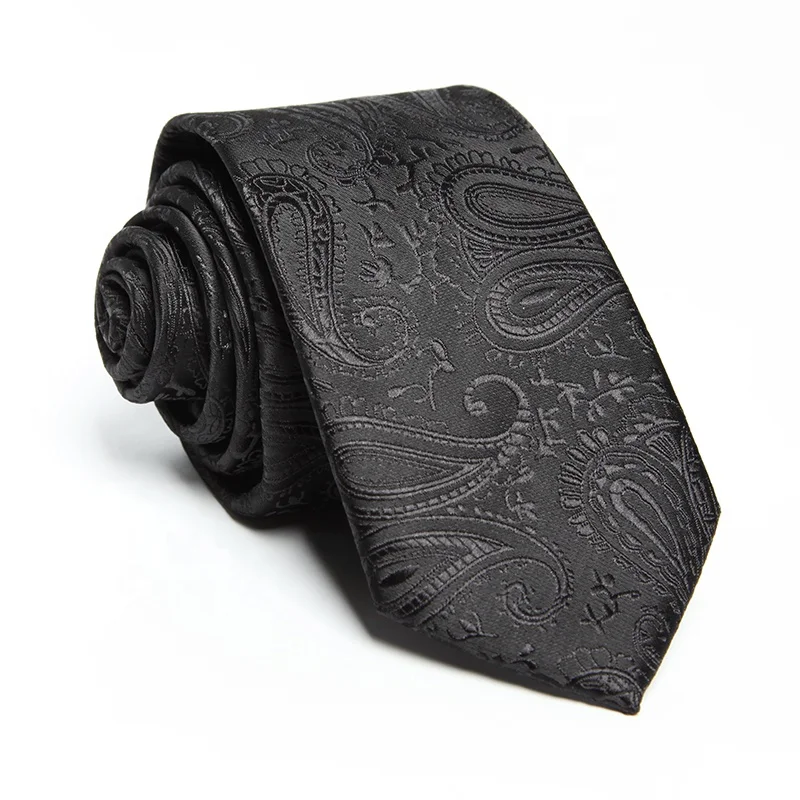 Men's Luxury Paisley Jacquard Polyester Necktie Handmade Custom Black Slim Floral Tie Brands Label