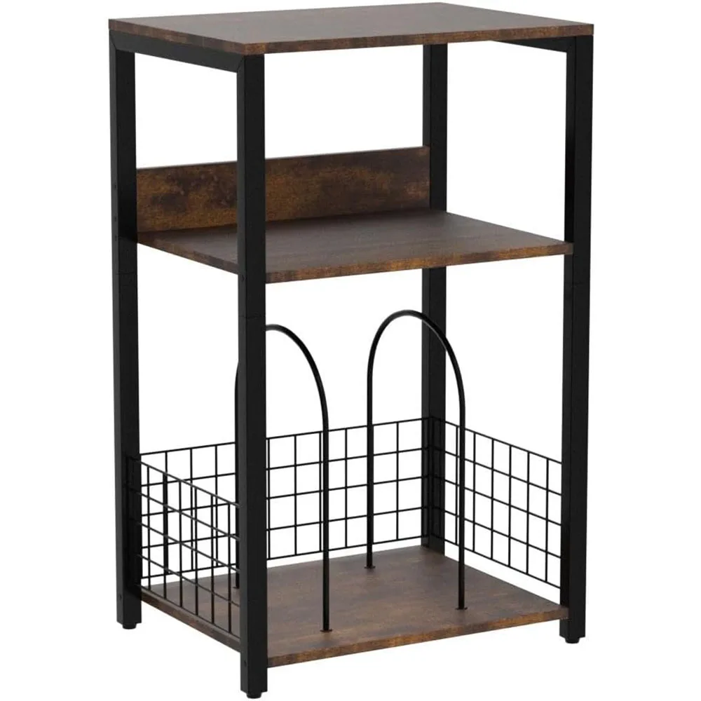 mesa de Esquina Plegable de Tres Niveles de Color Marrón para Almacenamiento de Discos de Vinilo, con Estructura de Madera y Metal, para Sala de Estar o Dormitorio, Mesas de Café o Reproductor de Discos