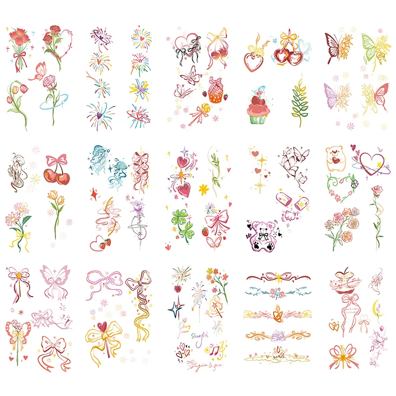 4-Color Set Cute Waterproof Temporary Tattoos for Kids Safe Paper Nail Art with Bow Butterfly Heart Flower for Girls' Parties