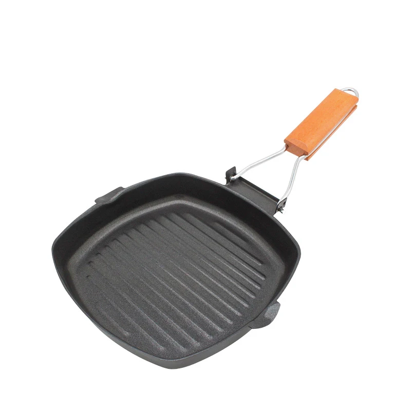 Frying Pan Non Stick Coated Square Frying Pan with Foldable Wooden Handle for Cooking Camping Picnics Outdoor Travel 20cm 