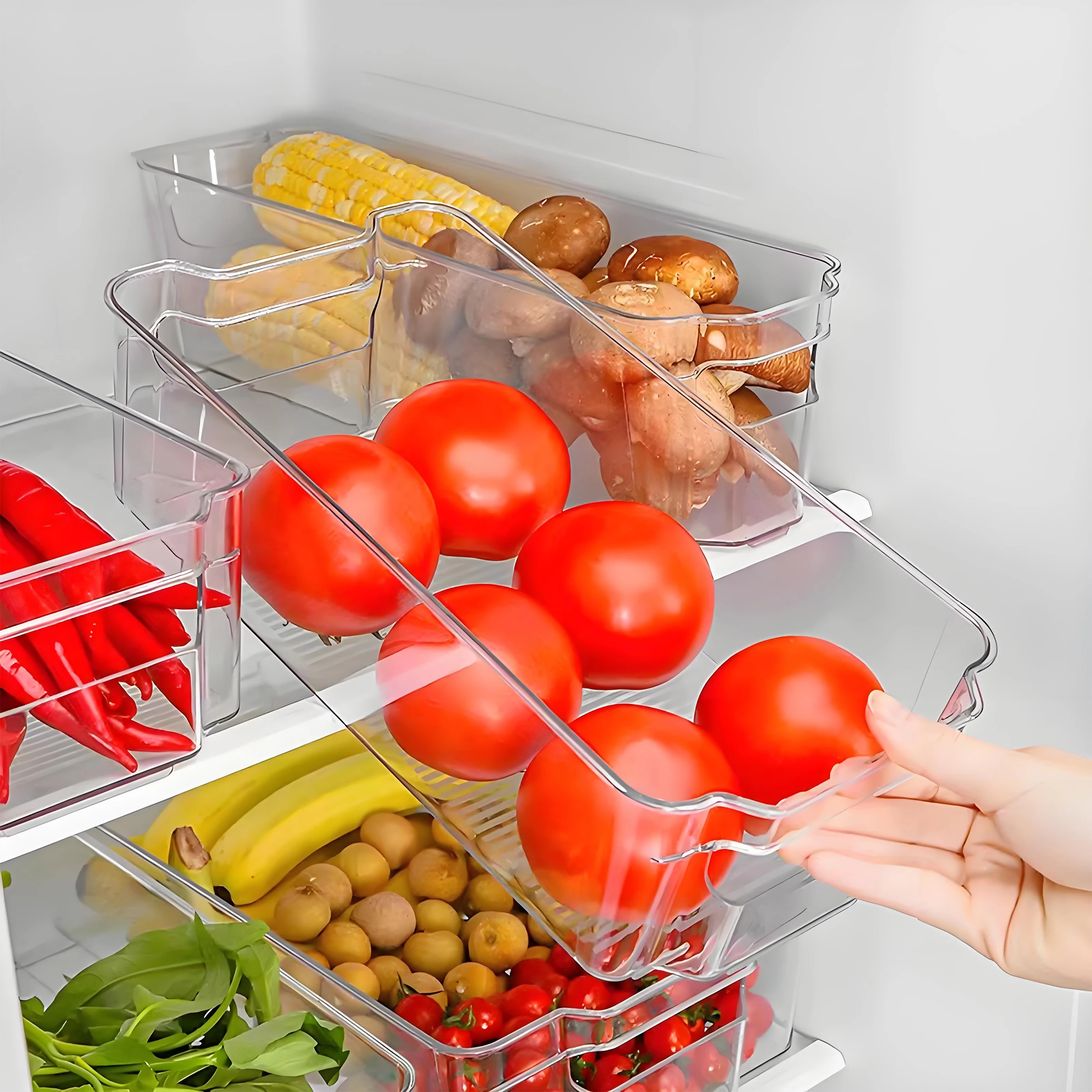 Caixa de Armazenamento Plástica Transparente em Promoção, Formato Retangular em Três Tamanhos, para Uso Doméstico e Armazenamento na Geladeira de Alimentos e Bebidas