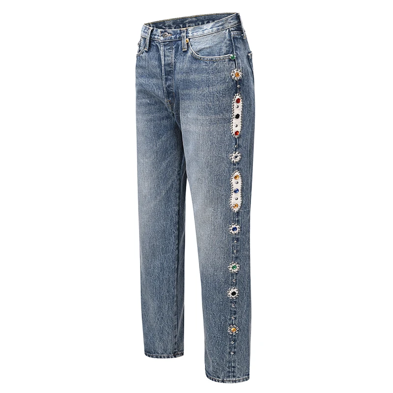 DiZNEW Rhinestone Jeans Fashion Small Size China Factory Stone Nice Quick Bule Drilling Rainbow Cloth Jewel Pants