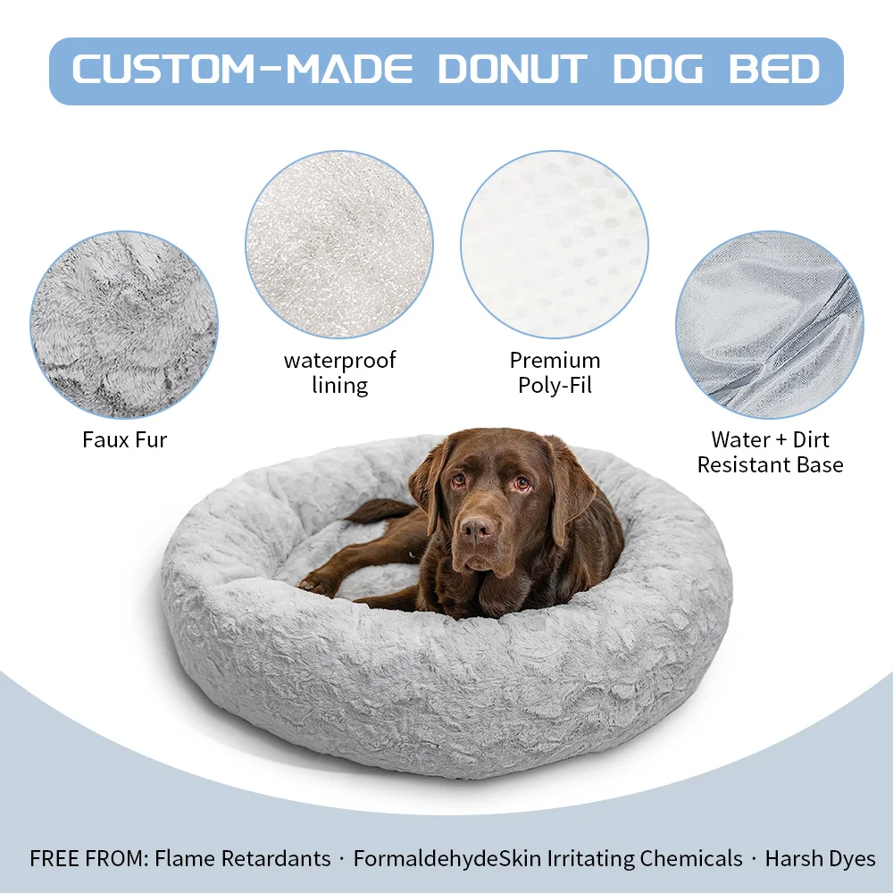 Custom logo warm plush fluffy soft washable luxury calming round donut pet dog bed supplier