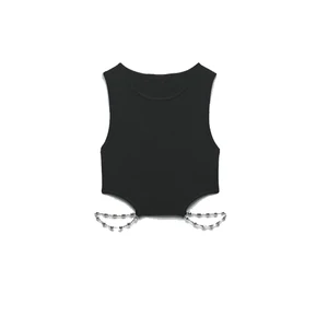 Custom Women Cropped Cut Out tank Top Knit Ribbing Round Neck Fitted Tank Crop Tank Top  With Rhinestones Chain