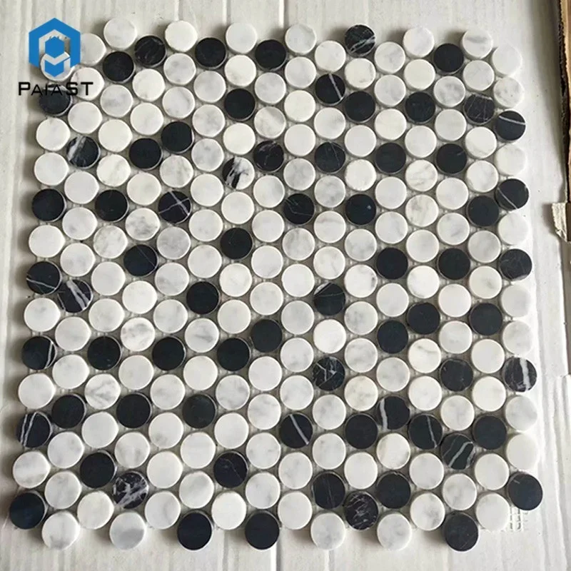 product hot sale black margiua and bianco carrara white marble round shape mosaic tilesmarble tile 1cm thick-2