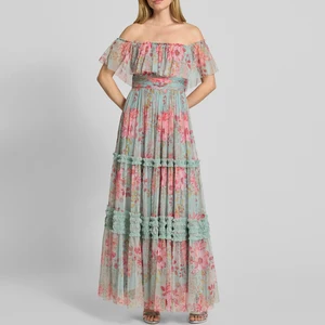Boutique Wholesale Summer Fashion New  Square Collar Floral Retro Sweet Women's Casual Tulle Dress Elegant Ruffle Mesh Dress