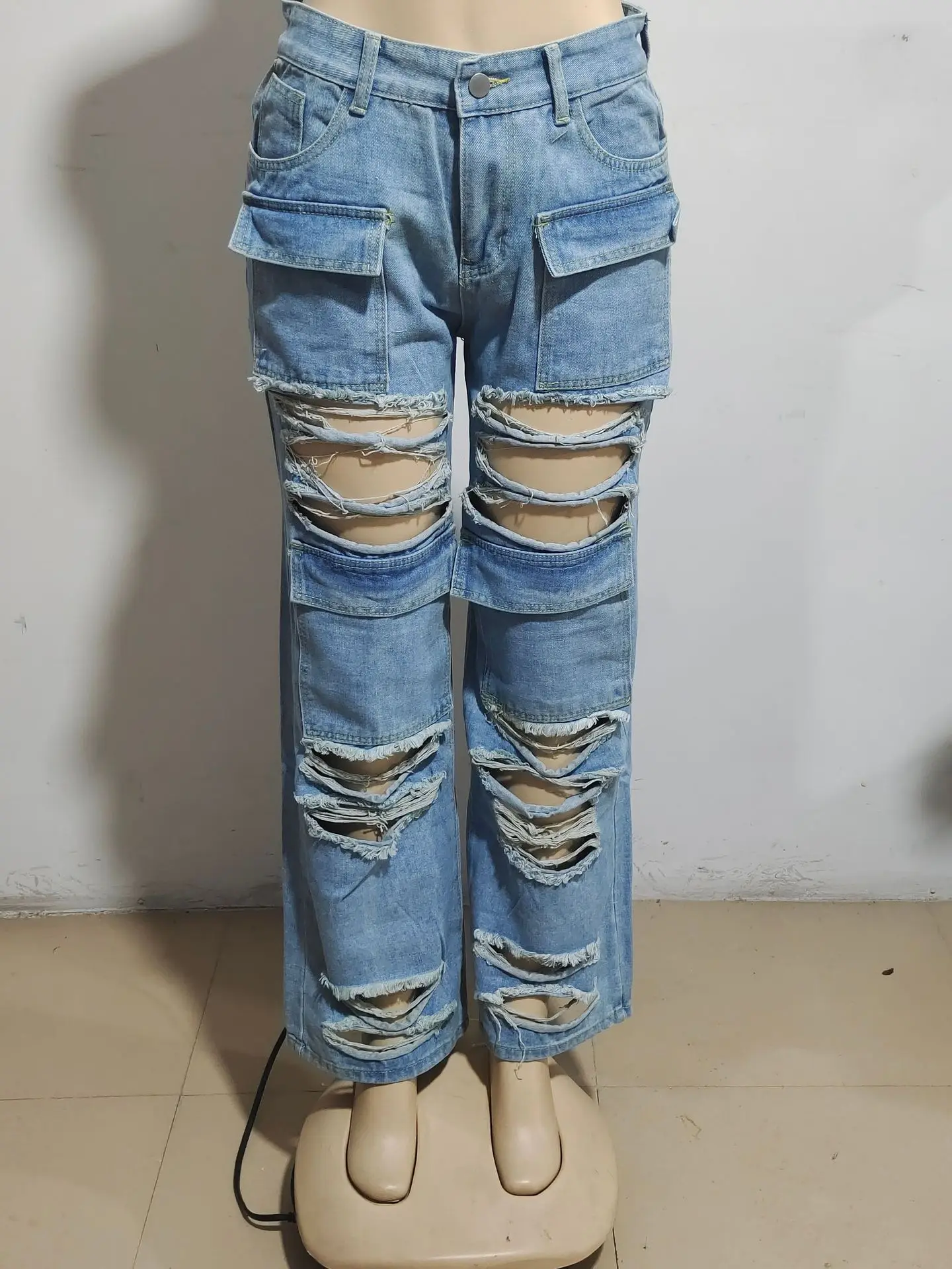 Ripped Boyfriend Jeans - Streetwear Women's Denim Pants