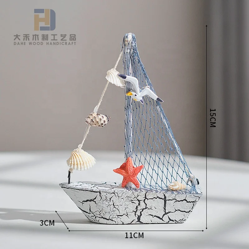 Creative Wooden Sailboat with Crack and Shells Seagulls Decor Mini Wood Sailboats Crafts for Home Room Decoration