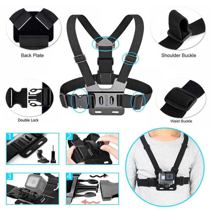 Fully Adjustable PC Chest Mount Harness Compatible for GoPro Hero