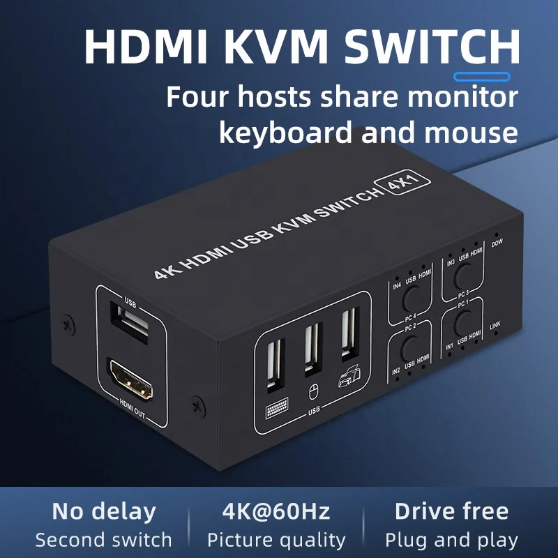 4K HDMI KVM Switch 4 in 1 Out 4K 60Hz HDMI USB KVM Switcher 4x1 for 4 PC Share Monitor Mouse Keyboard with Desktop Controller