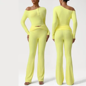 Women Wrinkle Cross-waist Design Sport Wholesale Gym Wear Verified Supplier Gym Yoga Set Foldover Lounge Sets