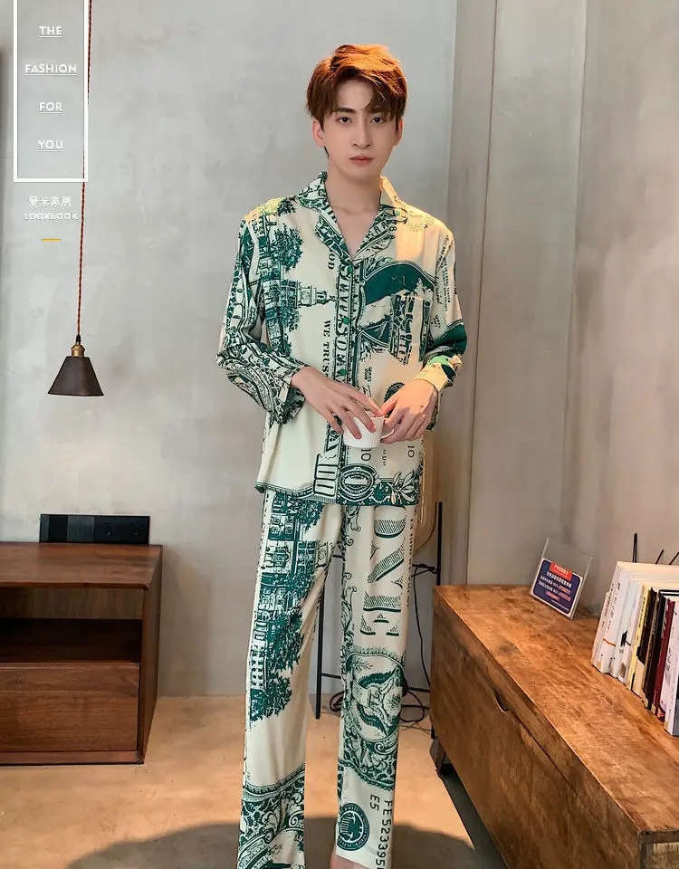 Ensemble de pyjama en soie imprimé Dollar pour homme, vêtement de