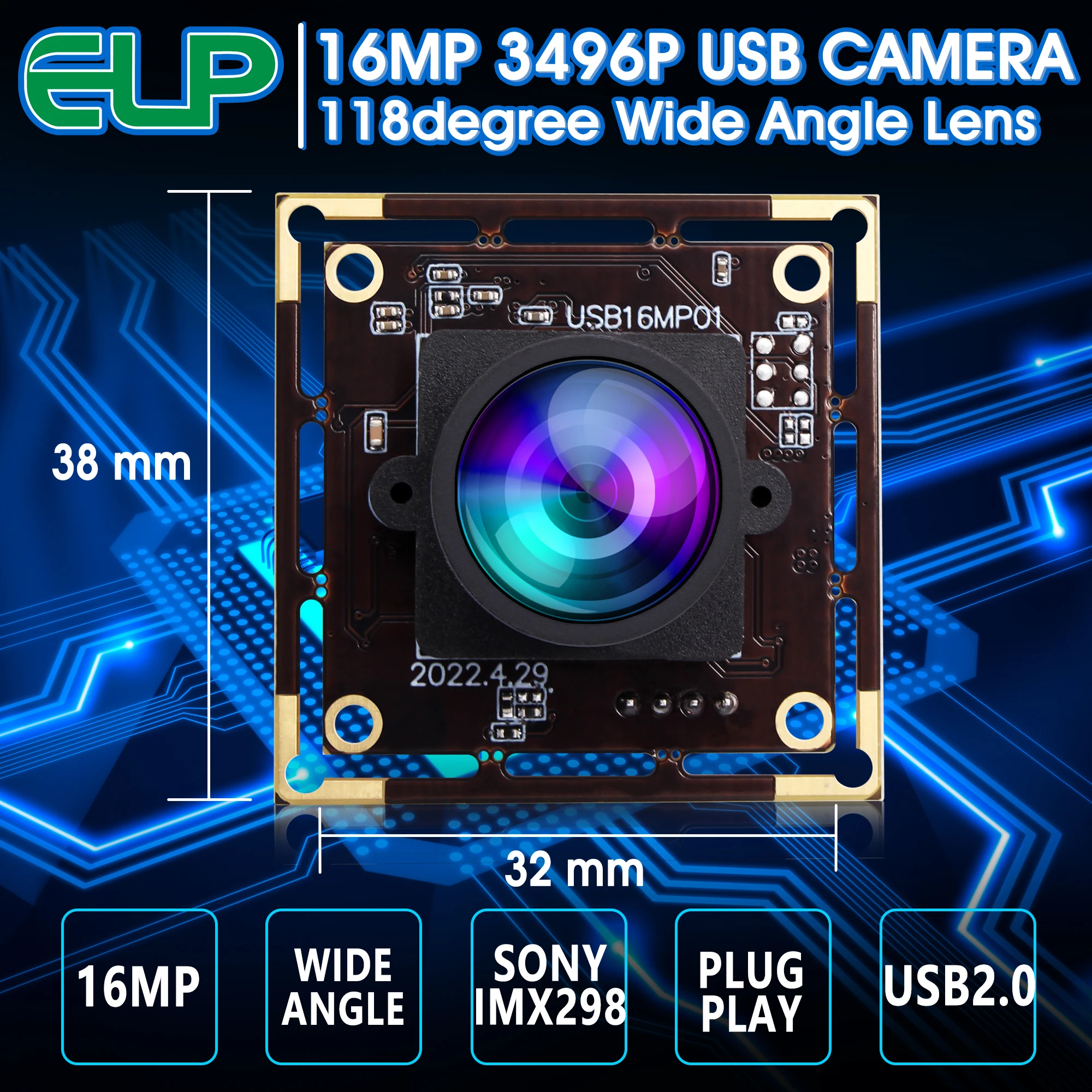 ELP 16MP Wide Angle USB Camera Module 4K Webcam Board with No Distortion  Lens For Document Passport ID QR Bar Code Scanning