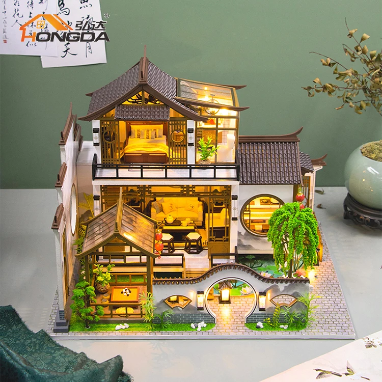 Hongda 2023 Chinese Style PC2314 Poetic Charm Theme Wooden Dollhouse Diy Miniature Dollhouse Kit