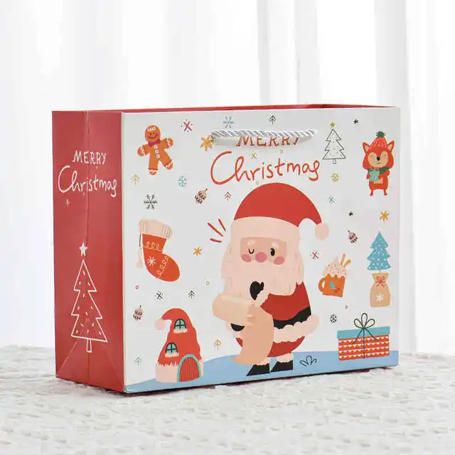 Christmas Paperboard Gift Box with Ribbon Handle Printed and Embossed Shopping Bag for Craft and Clothing Logo