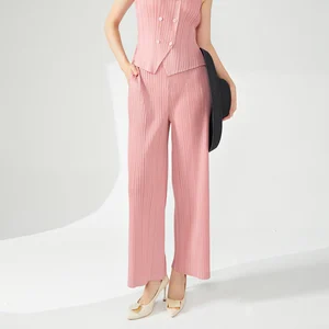 Summer Women's Casual Style Straight Wide Leg Pants Miyake Pleated Design Elastic Loose Solid Color Fashionable Woven Fabric
