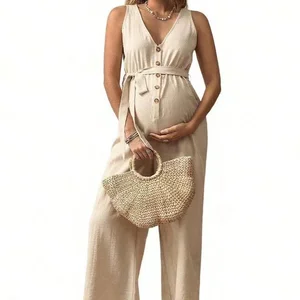 2026 New Style Casual Loose Maternity Clothing V-Neck Sleeveless Dress with Belt Overalls