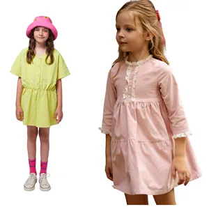 New Bestseller  High Quality Pink and Yellow  Lace Summer  Girl Child Dress Button  with  Long  Sleeve