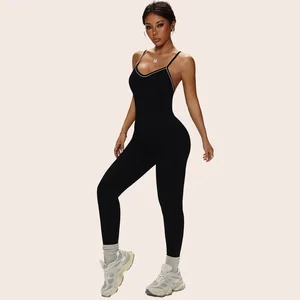 2026 Cross Back Casual Overall Thin Strap V Back Scrunch Workout Gym One Piece Seamless Yoga Padded Jumpsuit