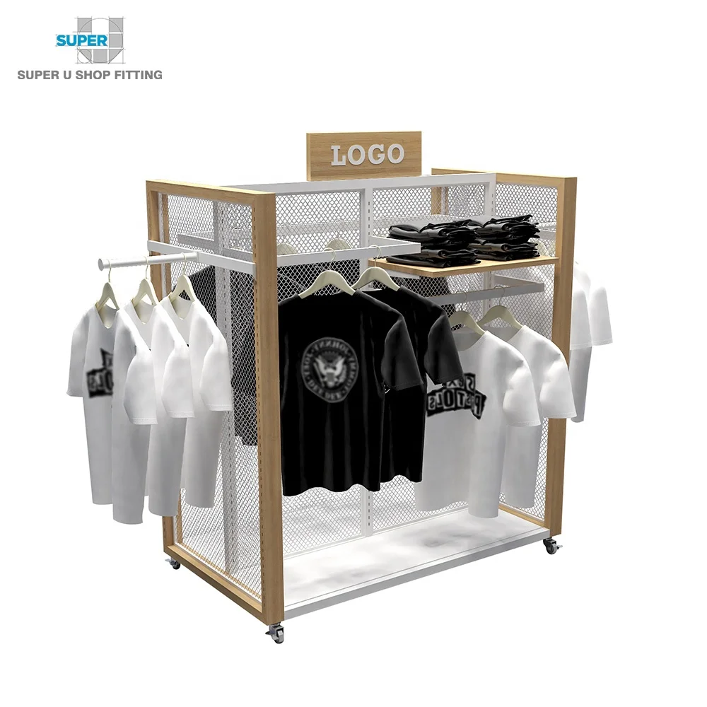 Retail Clothes Flooring Display Stand Wooden Standing Coat Rack Shelf  Custom Wood Metal Floor Display