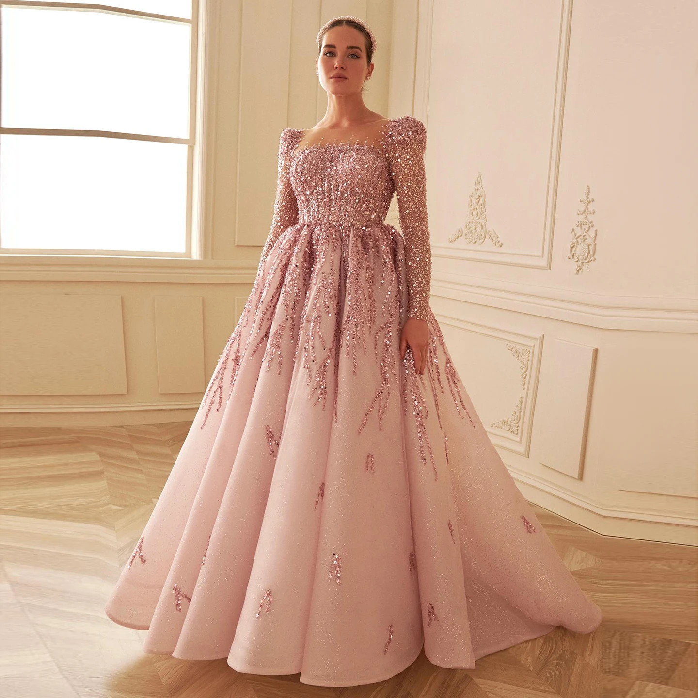 white christmas dresses Dusty Pink Color Front-Slit Georgette Chikankari Designer Gown